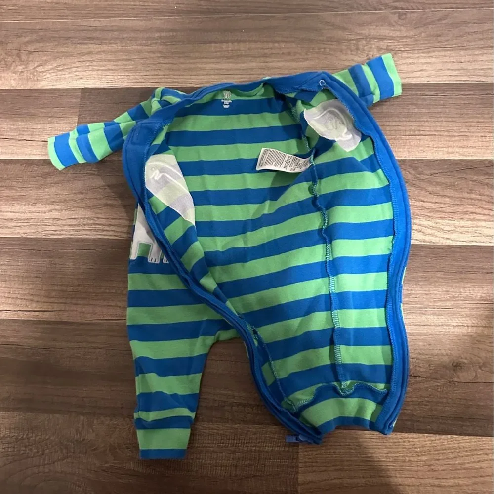 GAP Blue and Green Striped Dinosaur Footie 0-3 mo